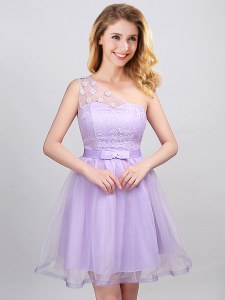 High Class A-line Dama Dress Lavender One Shoulder Tulle Sleeveless Mini Length Lace Up
