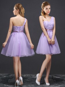 Elegant One Shoulder Mini Length Lace Up Damas Dress Lavender for Prom and Party and Wedding Party with Lace