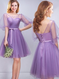 Edgy Lavender Wedding Party Dress Prom and Party and Wedding Party and For with Appliques and Ruching and Belt Scoop Half Sleeves Lace Up