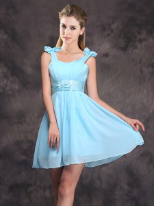 Straps Ruching and Bowknot Wedding Guest Dresses Baby Blue Zipper Sleeveless Mini Length