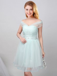 Flirting Off the Shoulder Apple Green Lace Up Quinceanera Dama Dress Lace and Appliques and Belt Short Sleeves Mini Length