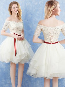 Trendy Off the Shoulder Champagne A-line Lace and Ruffles and Belt Bridesmaid Dresses Lace Up Organza Short Sleeves Mini Length