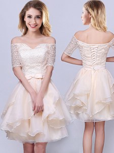 Enchanting Off the Shoulder Champagne Organza Lace Up Damas Dress Short Sleeves Mini Length Lace and Ruffles and Belt