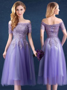 Deluxe Off the Shoulder Short Sleeves Tea Length Beading and Lace Zipper Dama Dress for Quinceanera with Lavender