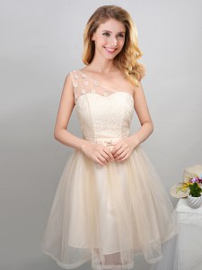 One Shoulder Lace and Appliques and Belt Court Dresses for Sweet 16 Champagne Lace Up Sleeveless Mini Length
