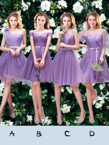 One Shoulder Mini Length Lace Up Bridesmaid Dresses Lavender for Prom and Party and Wedding Party with Beading and Appliques and Ruffles and Ruching and Belt and Hand Made Flower