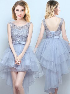 Simple Grey A-line Organza and Lace Scoop Sleeveless Lace and Ruffles and Belt High Low Lace Up Court Dresses for Sweet 16