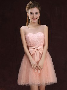 Scoop Sleeveless Bridesmaid Dress Mini Length Lace and Bowknot Peach Tulle and Lace