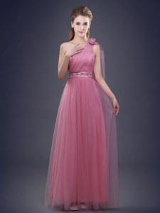 Pink One Shoulder Neckline Beading and Ruching and Hand Made Flower Dama Dress for Quinceanera Sleeveless Lace Up