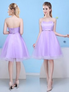 Noble Lavender Tulle Lace Up Bridesmaid Dresses Sleeveless Knee Length Bowknot
