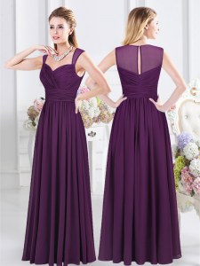 Perfect Straps Sleeveless Bridesmaid Gown Floor Length Ruching Purple Chiffon