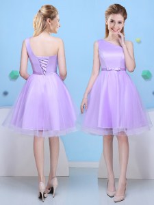 One Shoulder Knee Length Lace Up Quinceanera Court of Honor Dress Lavender for Prom and Party with Bowknot