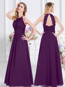 Fashion Chiffon Halter Top Sleeveless Zipper Ruching Wedding Party Dress in Purple