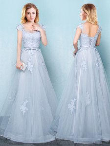 Scoop Light Blue Tulle Lace Up Dama Dress Cap Sleeves Floor Length Appliques and Belt
