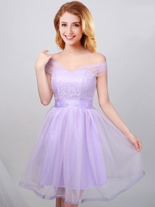 Off the Shoulder Lavender Tulle Lace Up Bridesmaids Dress Short Sleeves Mini Length Lace and Appliques and Belt