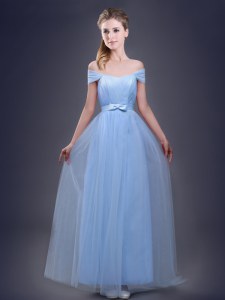 Luxury Light Blue Lace Up Off The Shoulder Ruching and Bowknot Bridesmaids Dress Tulle Sleeveless
