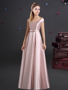 Suitable Off the Shoulder Elastic Woven Satin Cap Sleeves Floor Length Court Dresses for Sweet 16 and Bowknot