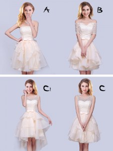 Sleeveless Mini Length Lace and Ruffles and Belt Lace Up Dama Dress for Quinceanera with Champagne