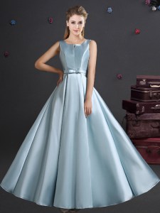 Light Blue Empire Straps Sleeveless Elastic Woven Satin Floor Length Zipper Bowknot Quinceanera Court of Honor Dress
