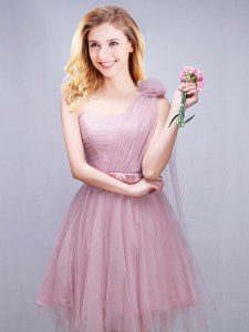 Pink Tulle Lace Up One Shoulder Sleeveless Mini Length Quinceanera Court Dresses Ruching and Bowknot and Hand Made Flower