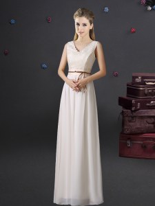 Top Selling White Lace Up Bridesmaid Gown Lace and Belt Sleeveless Floor Length