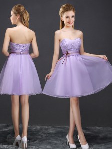 Lavender Sleeveless Organza Lace Up Bridesmaid Gown for Prom and Party and Wedding Party