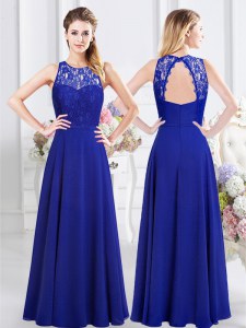 Beautiful Scoop Royal Blue Empire Lace Dama Dress Backless Chiffon Sleeveless Floor Length