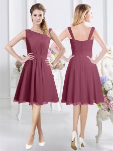 Burgundy Bridesmaid Gown Prom and Party and Wedding Party and For with Ruching Asymmetric Sleeveless Zipper