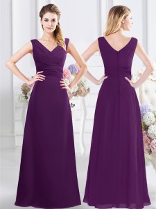Purple Dama Dress for Quinceanera Prom and Party and Wedding Party and For with Ruching V-neck Sleeveless Zipper