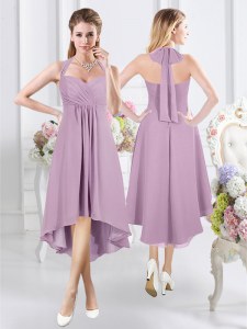 Excellent Halter Top Ruching Bridesmaid Gown Lavender Zipper Sleeveless Knee Length