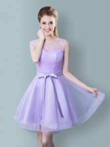 Popular Scoop Sleeveless Damas Dress Knee Length Ruching and Bowknot Lavender Tulle