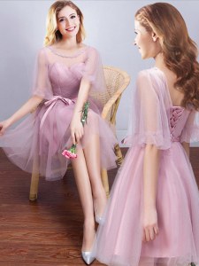 A-line Damas Dress Pink Scoop Tulle Half Sleeves Mini Length Lace Up