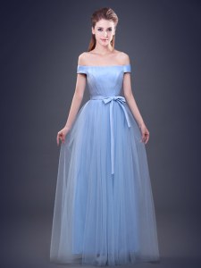 Off the Shoulder Tulle Sleeveless Floor Length Bridesmaid Gown and Ruching and Bowknot