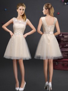 Lovely Scoop Mini Length Champagne Bridesmaids Dress Tulle Sleeveless Lace and Appliques and Belt