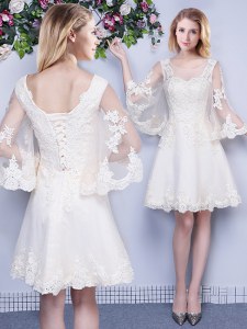 Scoop Knee Length White Quinceanera Dama Dress Tulle 3 4 Length Sleeve Lace
