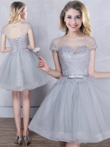 Beautiful Scoop Grey Short Sleeves Tulle Lace Up Wedding Party Dress for Prom and Party and Wedding Party