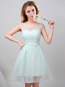 Delicate Mini Length Apple Green Dama Dress for Quinceanera Scoop Sleeveless Lace Up