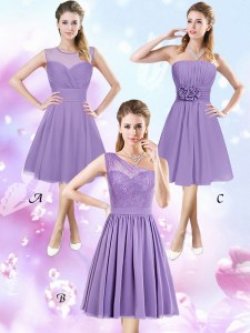 On Sale Scoop Lavender Sleeveless Lace and Ruching and Hand Made Flower Knee Length Vestidos de Damas