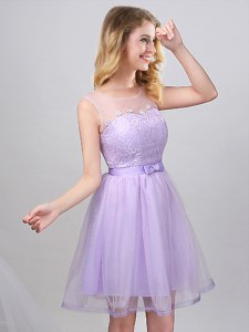 Custom Design Mini Length Lavender Bridesmaid Dresses Scoop Sleeveless Lace Up