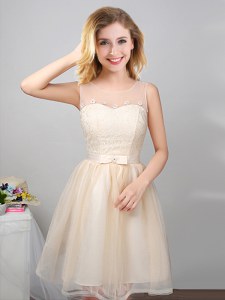Charming A-line Bridesmaids Dress Champagne Scoop Tulle Sleeveless Mini Length Lace Up