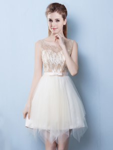 Popular Scoop Tulle Sleeveless Asymmetrical Wedding Guest Dresses and Sequins and Bowknot