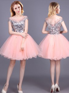 Super Pink A-line Sequins Bridesmaids Dress Zipper Tulle Short Sleeves Mini Length