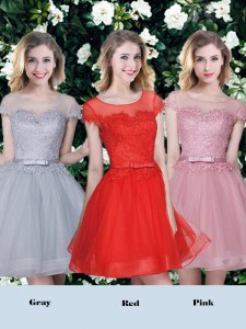 Sophisticated Scoop Red and Pink and Grey Lace Up Bridesmaid Dresses Appliques and Belt Short Sleeves Mini Length