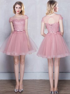 Popular Scoop Lace and Appliques and Belt Bridesmaid Dress Pink Lace Up Short Sleeves Mini Length