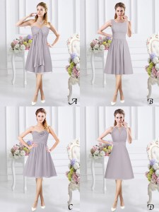 Grey A-line Lace and Ruching and Hand Made Flower Wedding Guest Dresses Side Zipper Chiffon Sleeveless Knee Length
