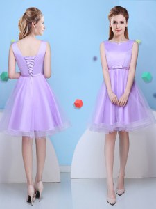 Scoop Knee Length A-line Sleeveless Lavender Wedding Guest Dresses Lace Up