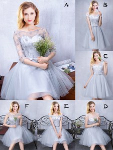 Grey A-line Scoop Sleeveless Tulle Knee Length Lace Up Lace and Appliques and Belt Quinceanera Dama Dress