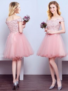 Superior Off the Shoulder Beading and Lace Dama Dress Pink Lace Up Sleeveless Mini Length