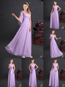 Lavender One Shoulder Zipper Ruching and Bowknot and Hand Made Flower Quinceanera Court of Honor Dress Sleeveless