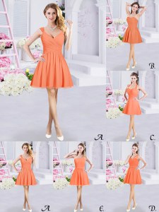 Orange A-line Lace and Ruching and Belt Wedding Guest Dresses Zipper Chiffon Sleeveless Mini Length